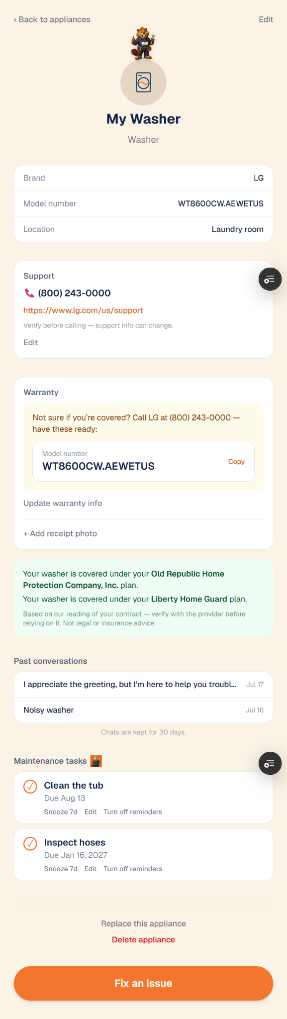 An appliance page showing brand, model number, location, and manufacturer support contact