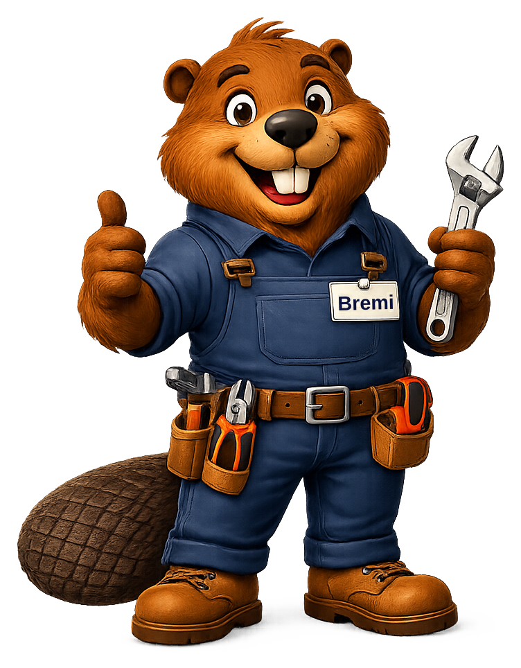 Bremi the Beaver, standing full-body in his tool belt and overalls, giving a thumbs up and holding a wrench
