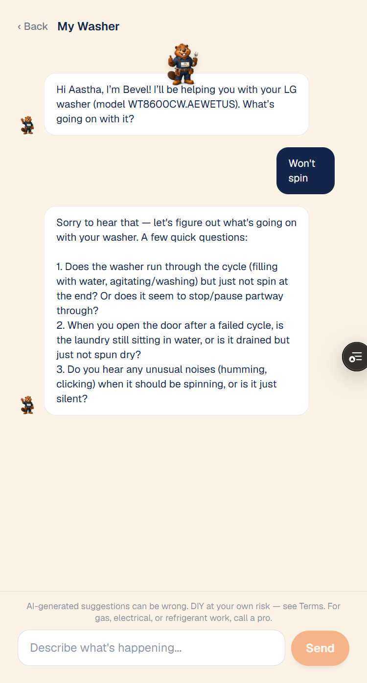 Bremi chatting about an LG washer, model WT8600CW.AEWETUS, that won't spin