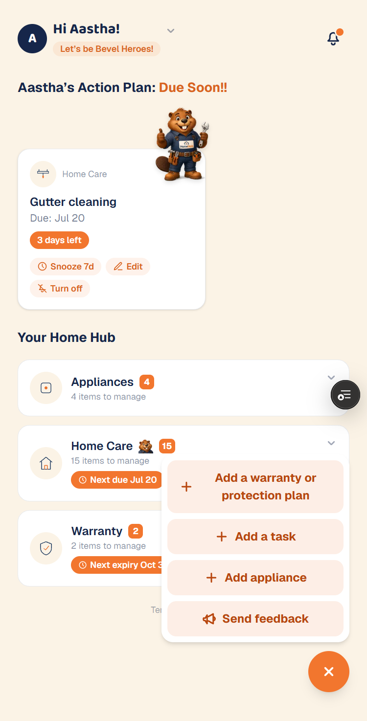 The Bremi-qen AI dashboard showing an upcoming gutter cleaning reminder and appliance list