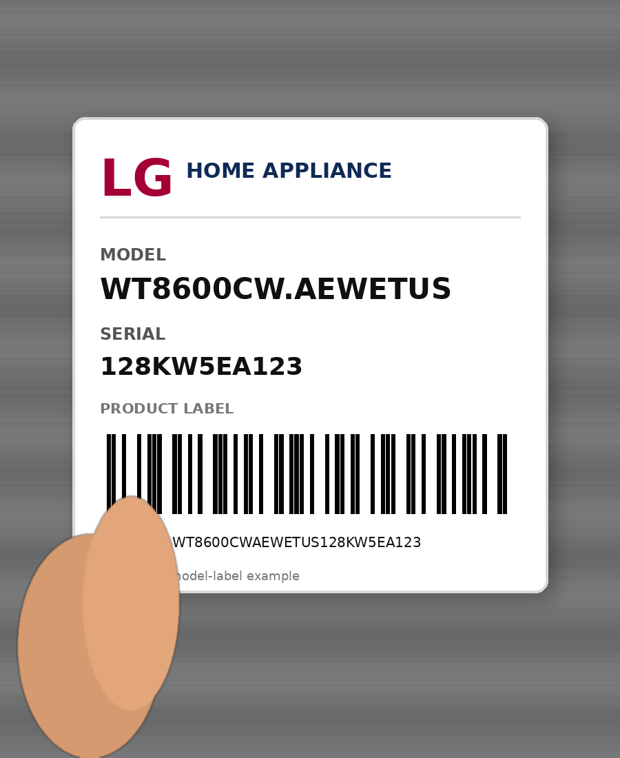 An LG appliance model sticker showing the model number WT8600CW.AEWETUS, a serial number, and a barcode