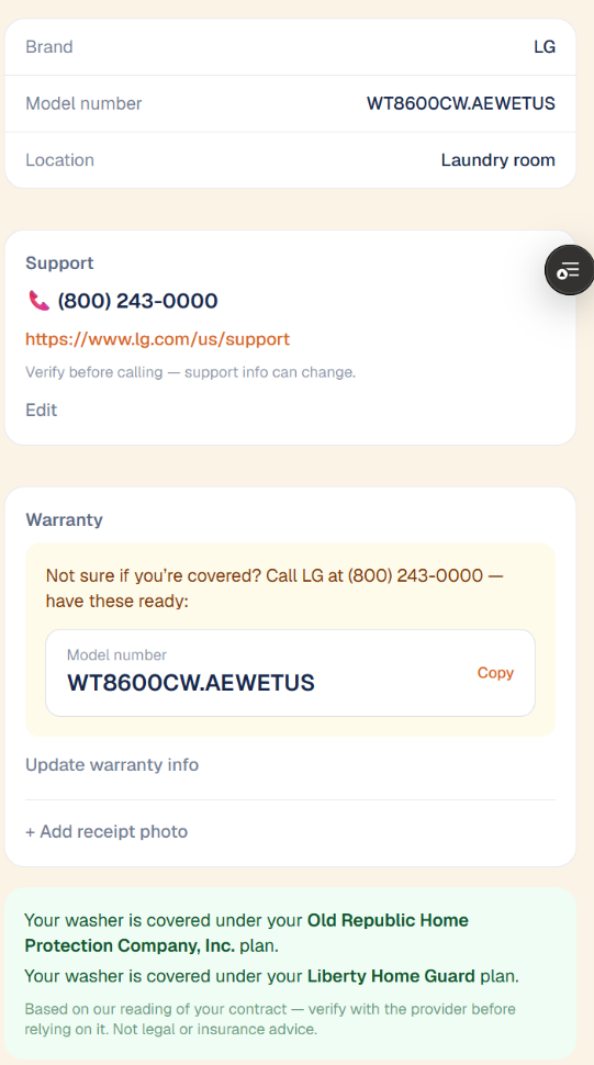 The appliance page's warranty section, showing model number and active coverage under a home warranty plan